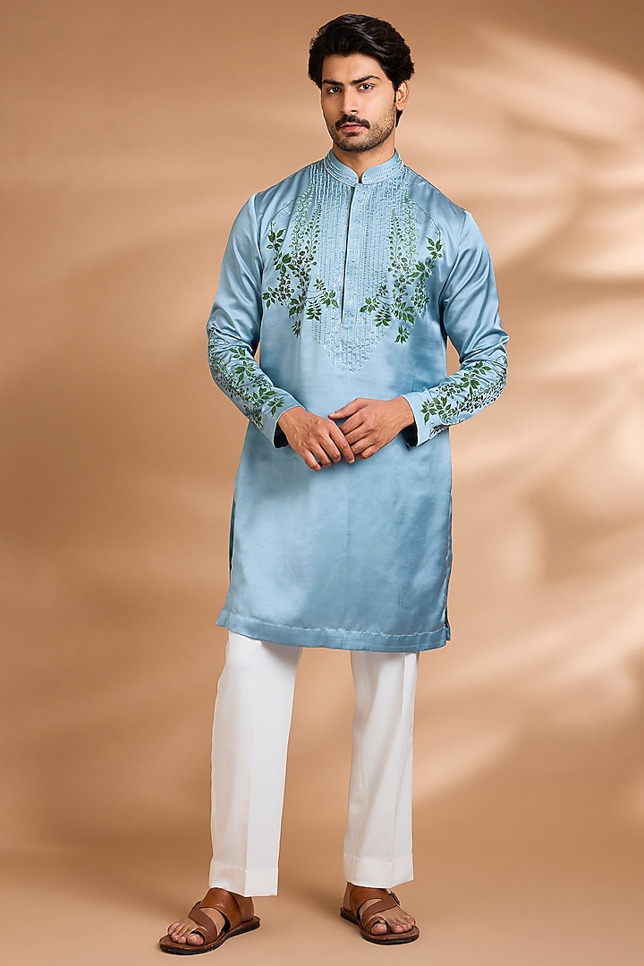 Sky Blue Poly Silk Floral Printed & Embroidered Kurta Set by Dhananjay at Pernia's Pop Up Shop