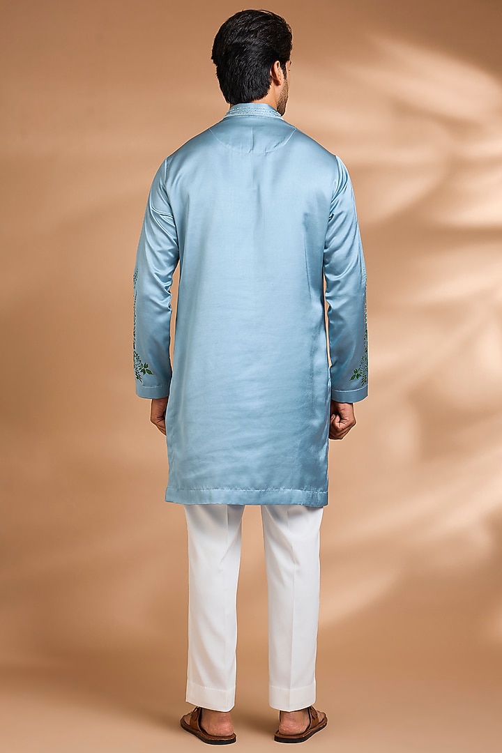Sky Blue Poly Silk Floral Printed & Embroidered Kurta Set by Dhananjay at Pernia's Pop Up Shop
