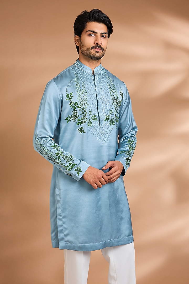 Sky Blue Poly Silk Floral Printed & Embroidered Kurta Set by Dhananjay at Pernia's Pop Up Shop