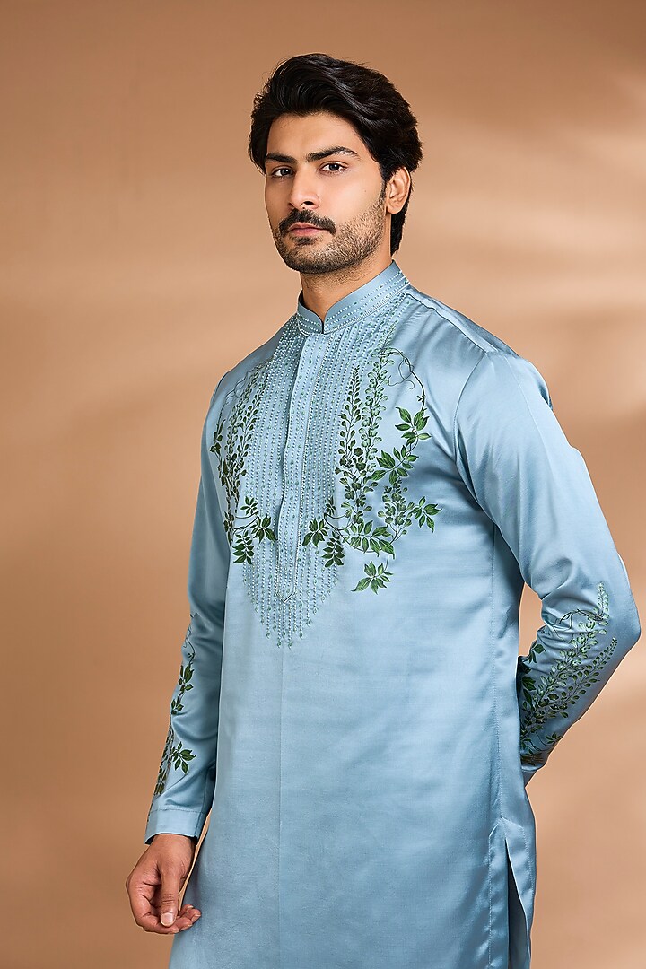 Sky Blue Poly Silk Floral Printed & Embroidered Kurta Set by Dhananjay at Pernia's Pop Up Shop