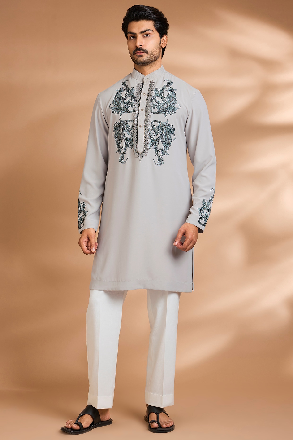 Dhananjay Silver-Grey Polyester Floral Printed & Embroidered Kurta Set