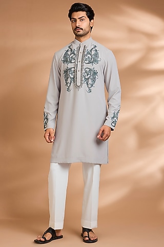 Silver-Grey Polyester Floral Printed & Embroidered Kurta Set by Dhananjay