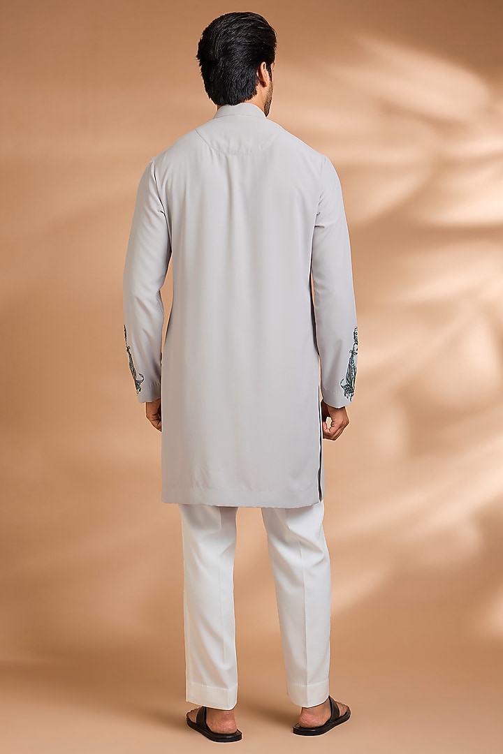 Silver-Grey Polyester Floral Printed & Embroidered Kurta Set by Dhananjay at Pernia's Pop Up Shop