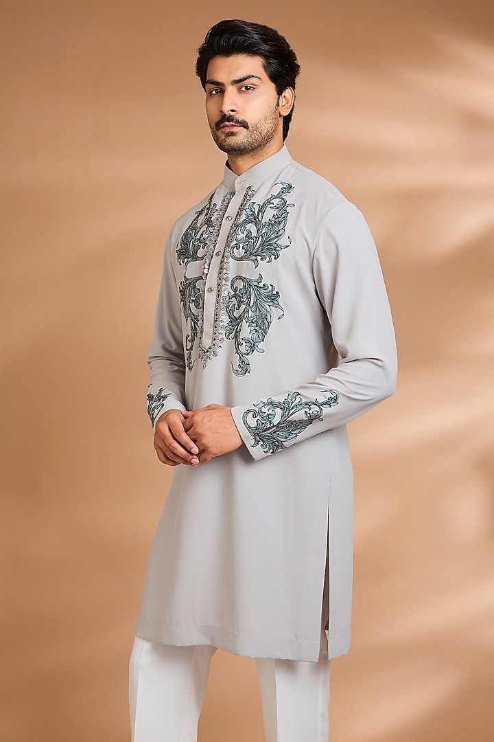 Silver-Grey Polyester Floral Printed & Embroidered Kurta Set by Dhananjay at Pernia's Pop Up Shop