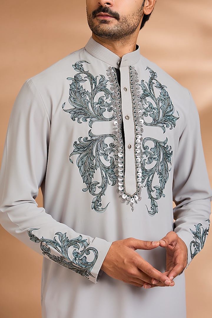 Silver-Grey Polyester Floral Printed & Embroidered Kurta Set by Dhananjay at Pernia's Pop Up Shop