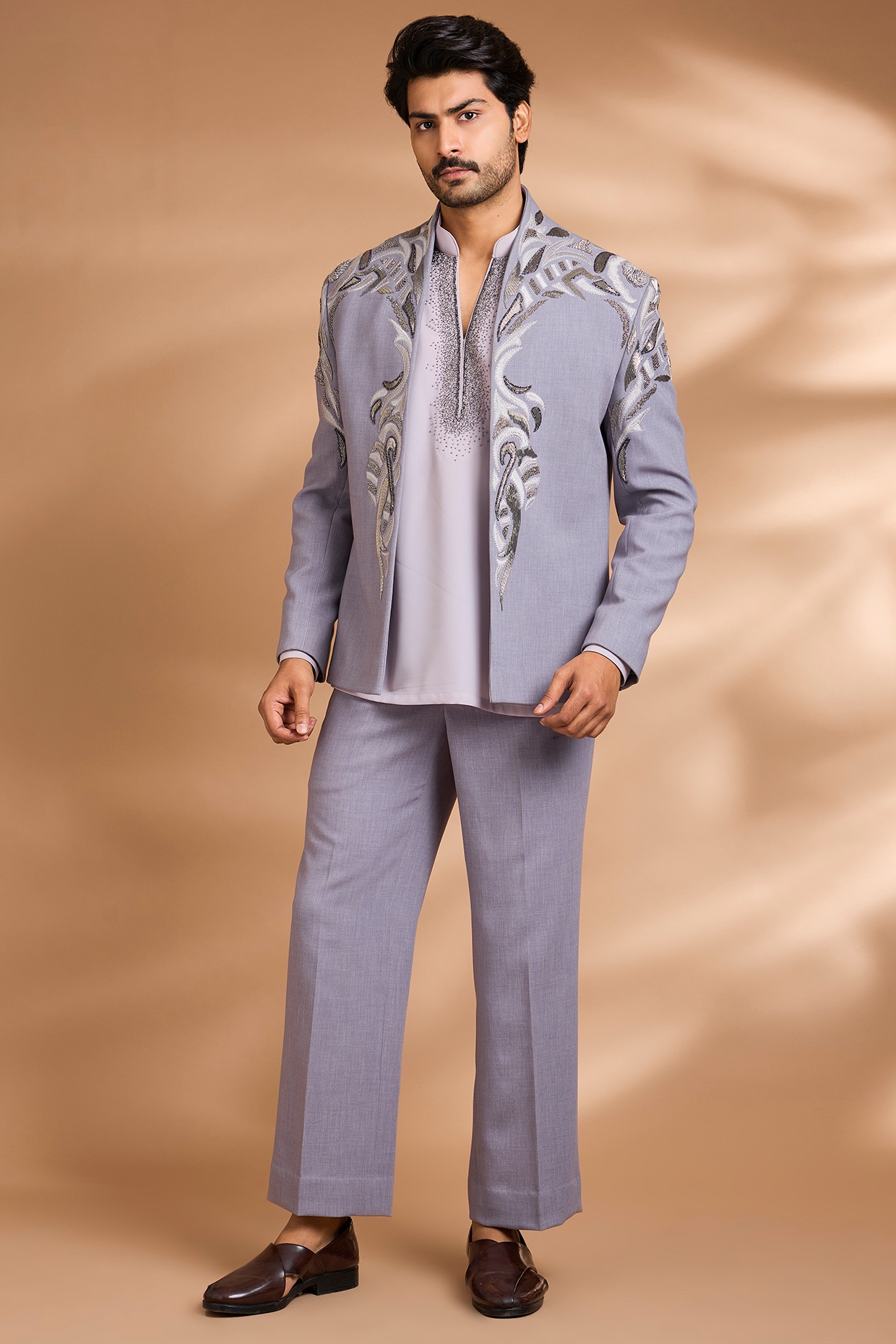 Dhananjay Grey Polynosic Embroidered Jacket Set