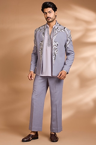 Grey Polynosic Embroidered Jacket Set by Dhananjay