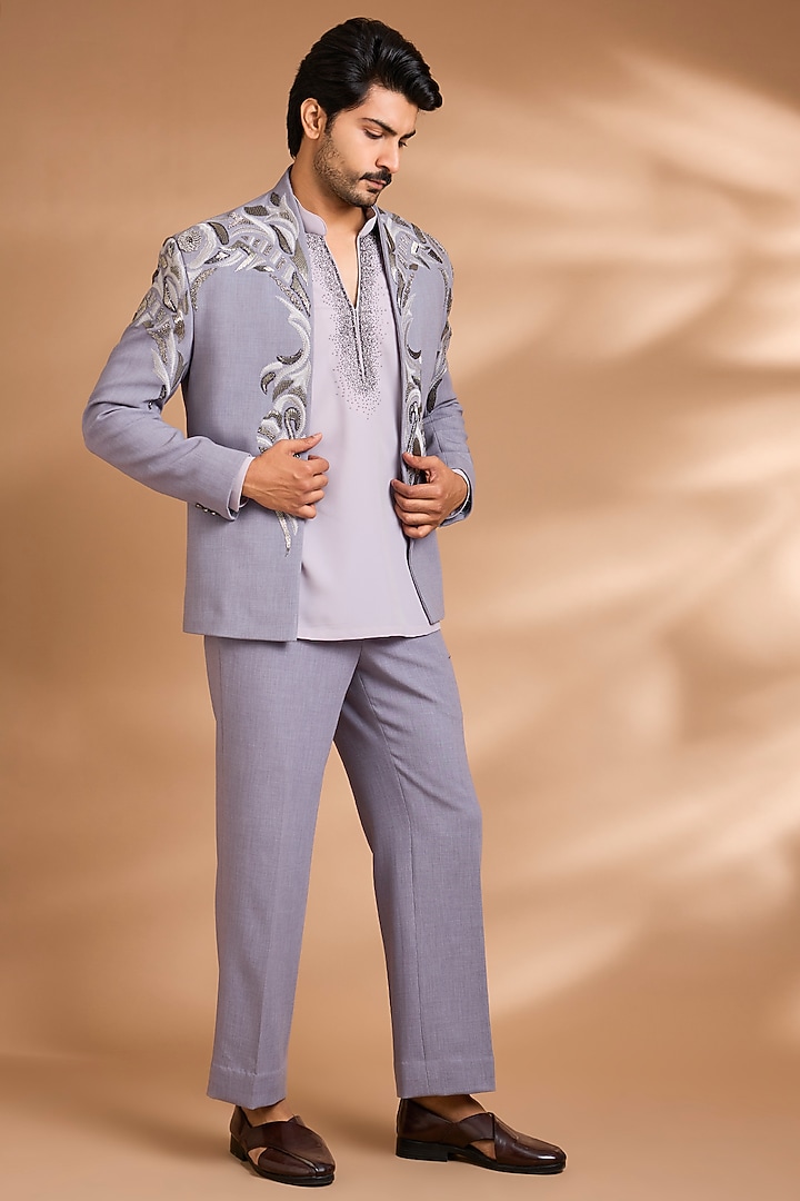 Grey Polynosic Embroidered Jacket Set by Dhananjay at Pernia's Pop Up Shop
