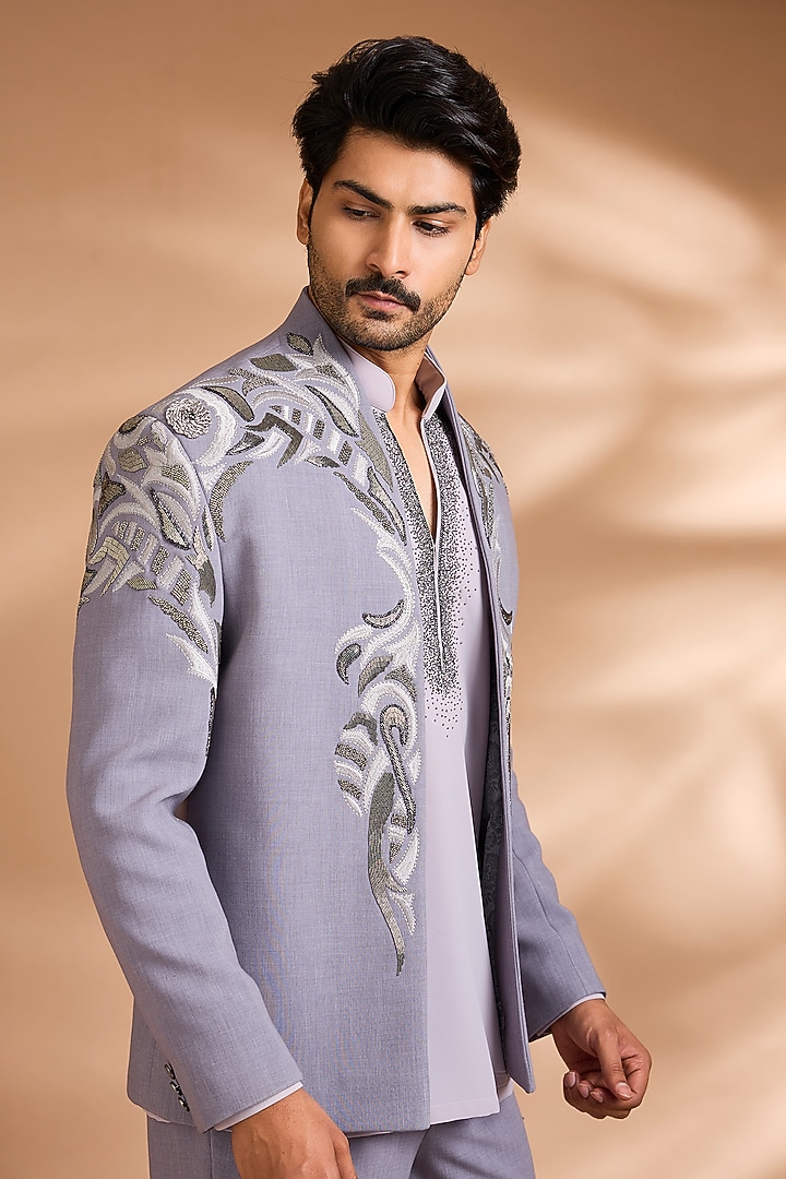 Grey Polynosic Embroidered Jacket Set by Dhananjay at Pernia's Pop Up Shop