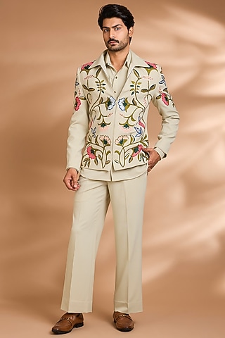 Mint Green Polynosic Floral Embroidered Jacket Set by Dhananjay
