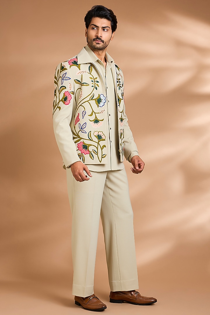 Mint Green Polynosic Floral Embroidered Jacket Set by Dhananjay at Pernia's Pop Up Shop