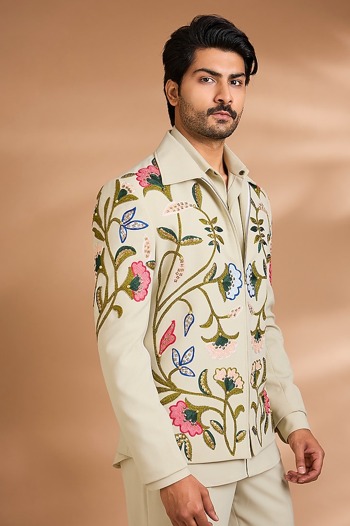 Mint Green Polynosic Floral Embroidered Jacket Set by Dhananjay at Pernia's Pop Up Shop