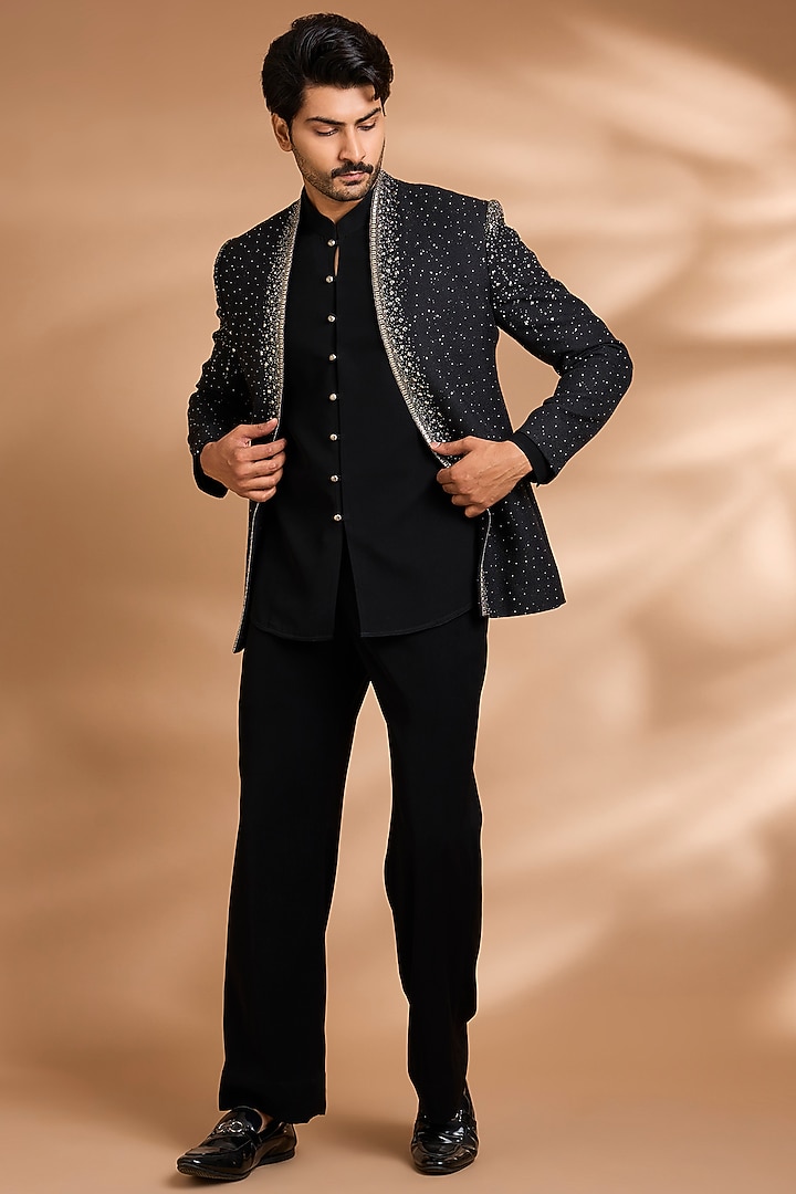 Black Polynosic Embellished Wedding Indowestern Set by Dhananjay at Pernia's Pop Up Shop