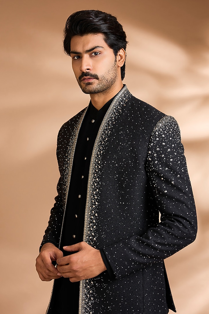 Black Polynosic Embellished Wedding Indowestern Set by Dhananjay at Pernia's Pop Up Shop