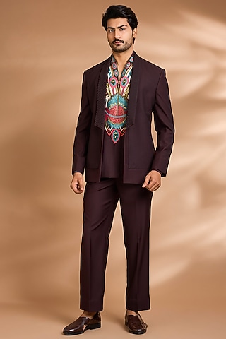 Brown Terry Rayon Jacket Set by Dhananjay