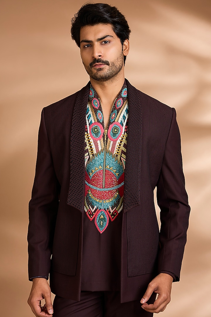 Brown Terry Rayon Jacket Set by Dhananjay at Pernia's Pop Up Shop