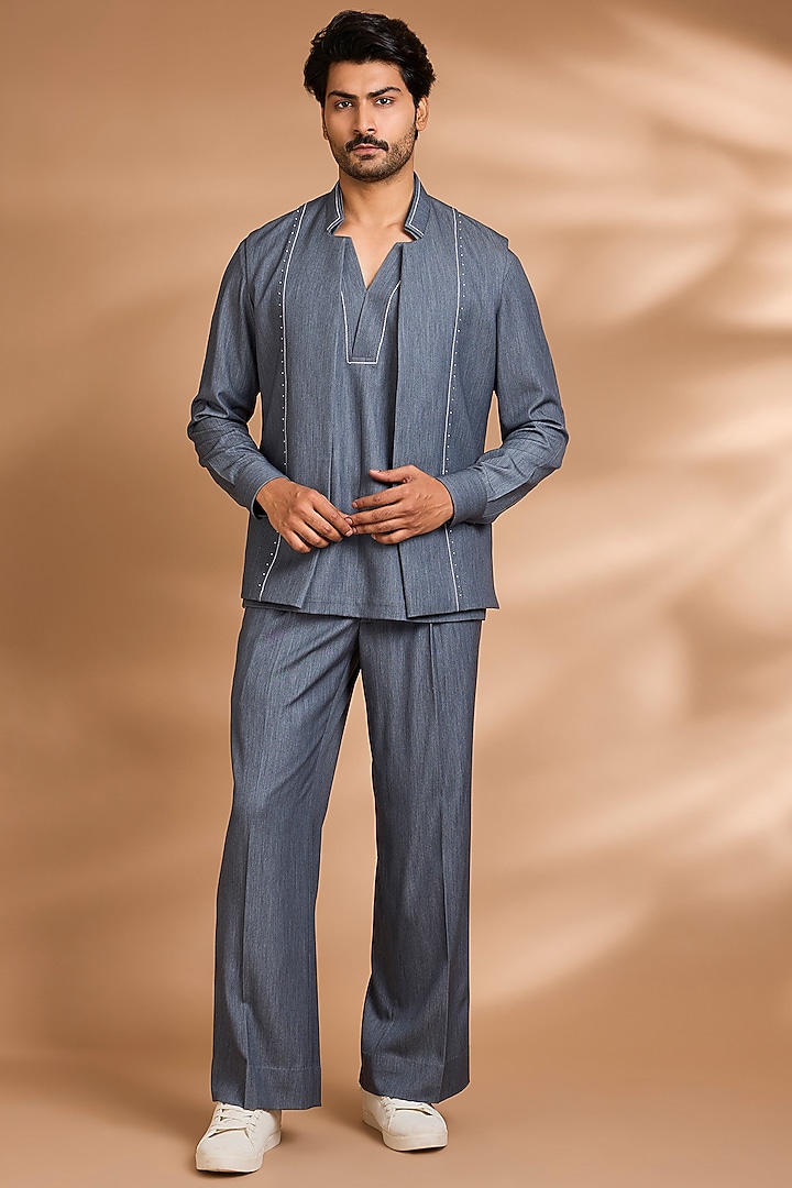 Grey Modal Denim Embellished Jacket Set by Dhananjay at Pernia's Pop Up Shop