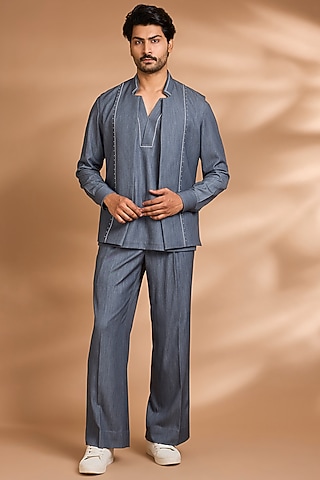 Grey Modal Denim Embellished Jacket Set by Dhananjay