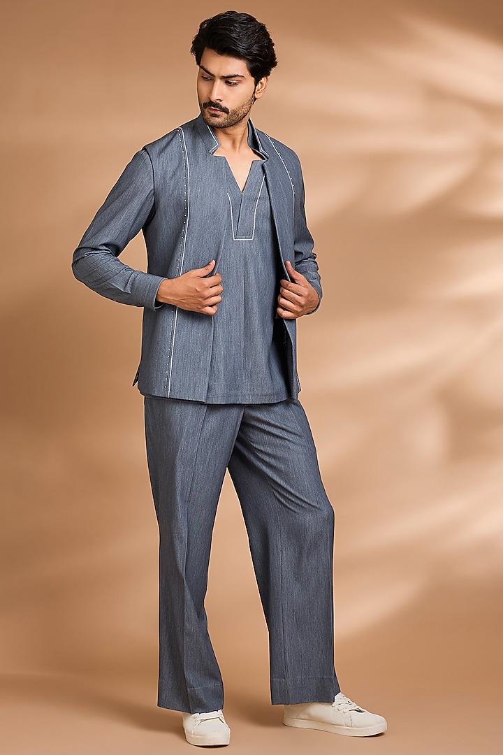 Grey Modal Denim Embellished Jacket Set by Dhananjay at Pernia's Pop Up Shop