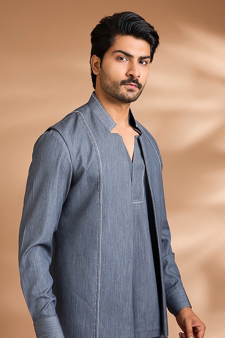 Grey Modal Denim Embellished Jacket Set by Dhananjay at Pernia's Pop Up Shop