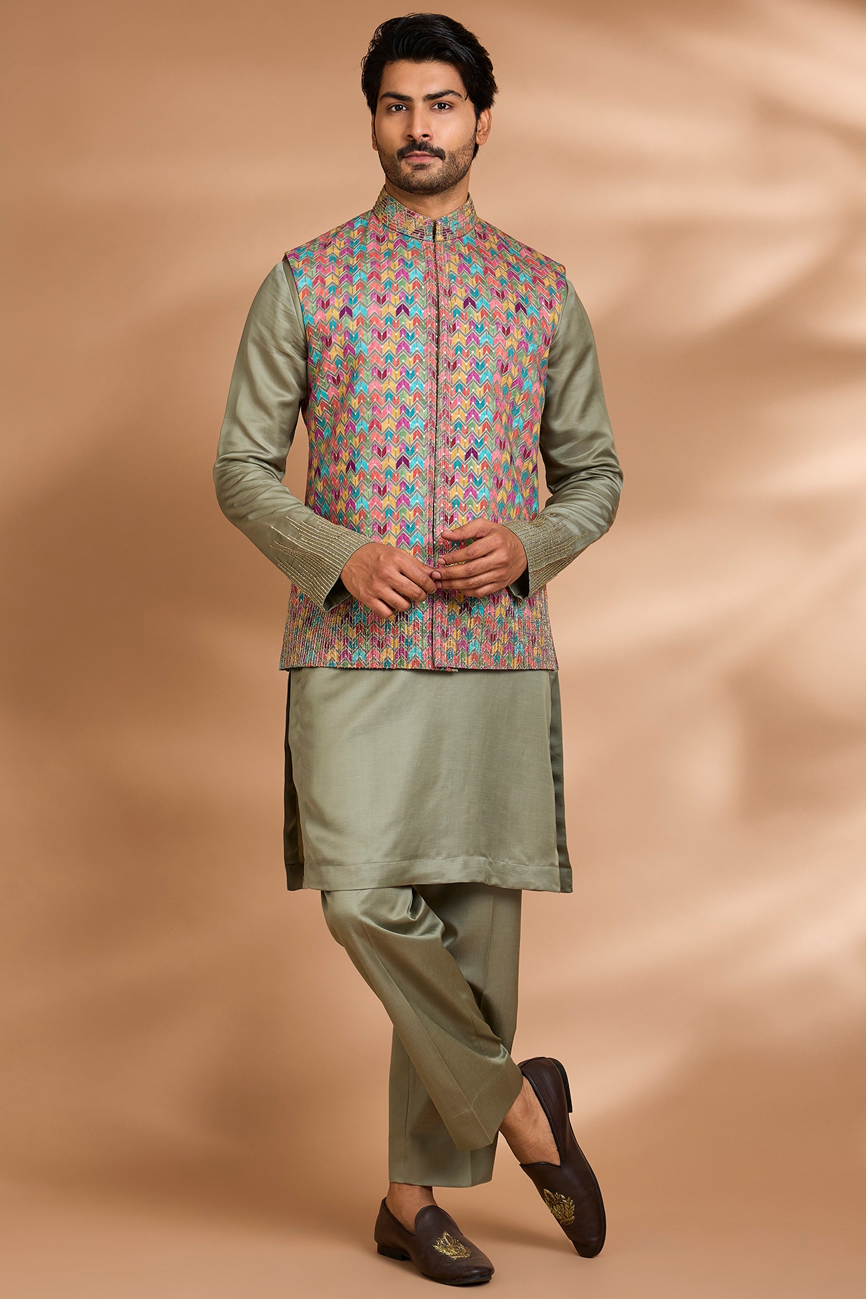 Dhananjay Sage Green Linen Floral Embroidered Bundi Jacket Set