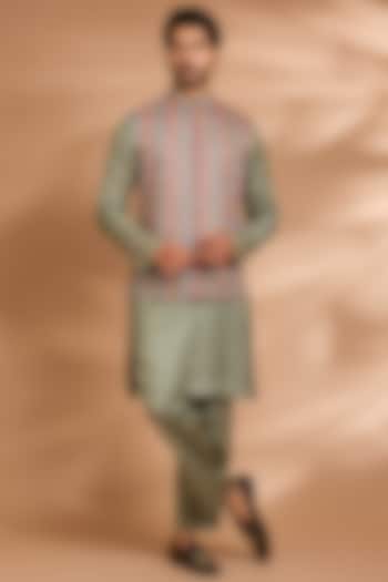 Sage Green Linen Floral Embroidered Bundi Jacket Set by Dhananjay at Pernia's Pop Up Shop