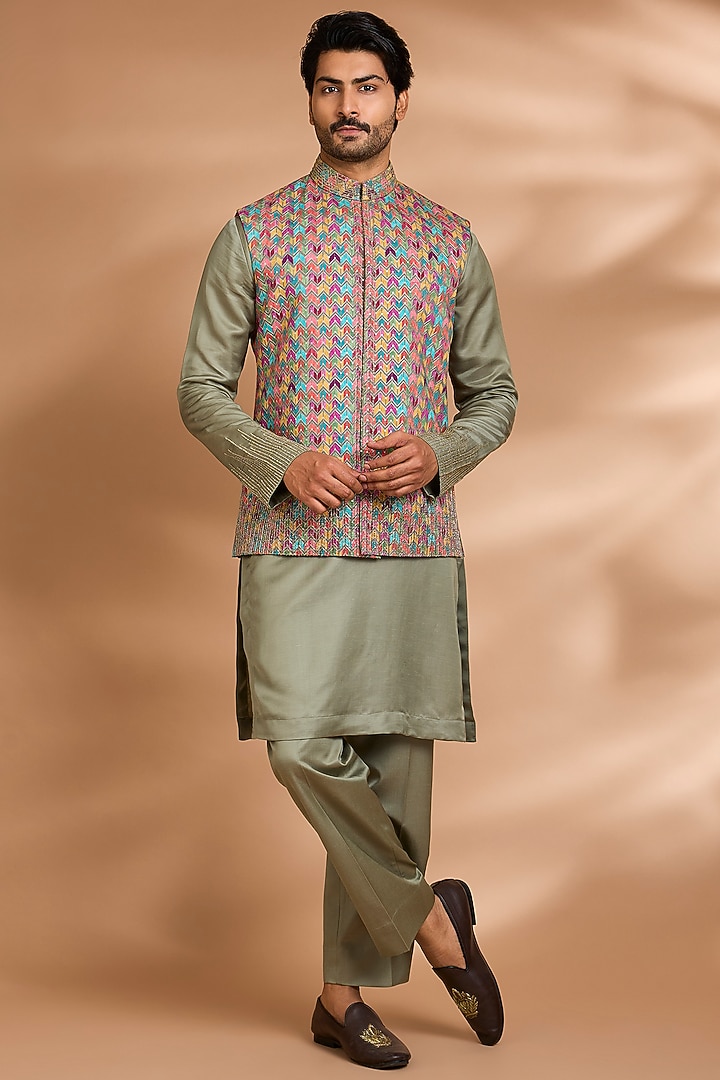 Sage Green Linen Floral Embroidered Bundi Jacket Set by Dhananjay at Pernia's Pop Up Shop