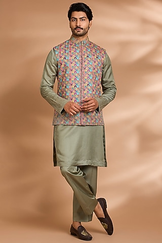 Sage Green Linen Floral Embroidered Bundi Jacket Set by Dhananjay