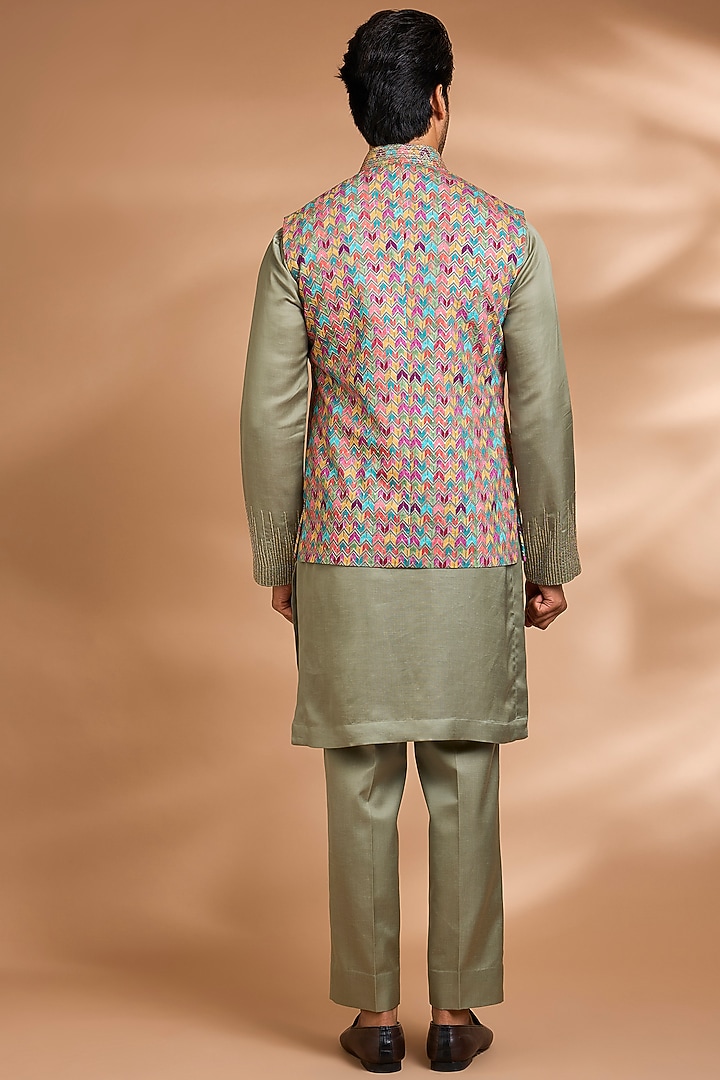 Sage Green Linen Floral Embroidered Bundi Jacket Set by Dhananjay at Pernia's Pop Up Shop