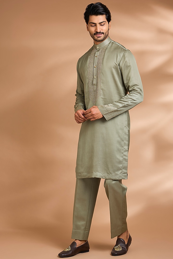 Sage Green Linen Floral Embroidered Bundi Jacket Set by Dhananjay at Pernia's Pop Up Shop
