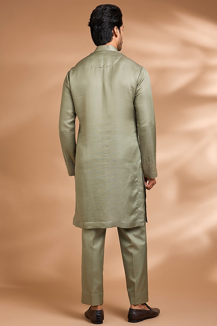 Sage Green Linen Floral Embroidered Bundi Jacket Set by Dhananjay at Pernia's Pop Up Shop
