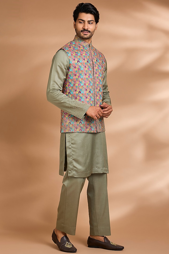Sage Green Linen Floral Embroidered Bundi Jacket Set by Dhananjay at Pernia's Pop Up Shop