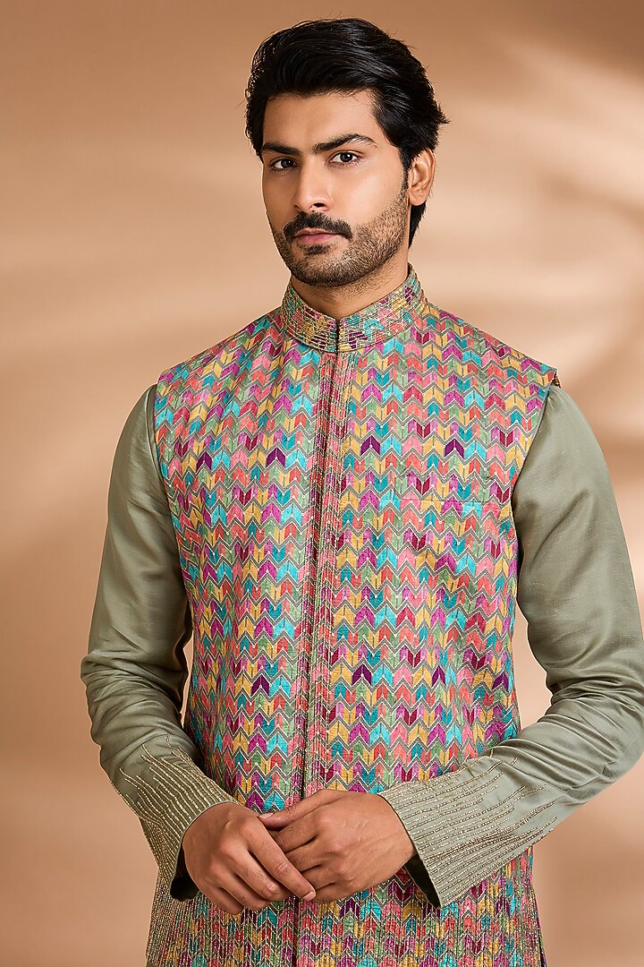 Sage Green Linen Floral Embroidered Bundi Jacket Set by Dhananjay at Pernia's Pop Up Shop