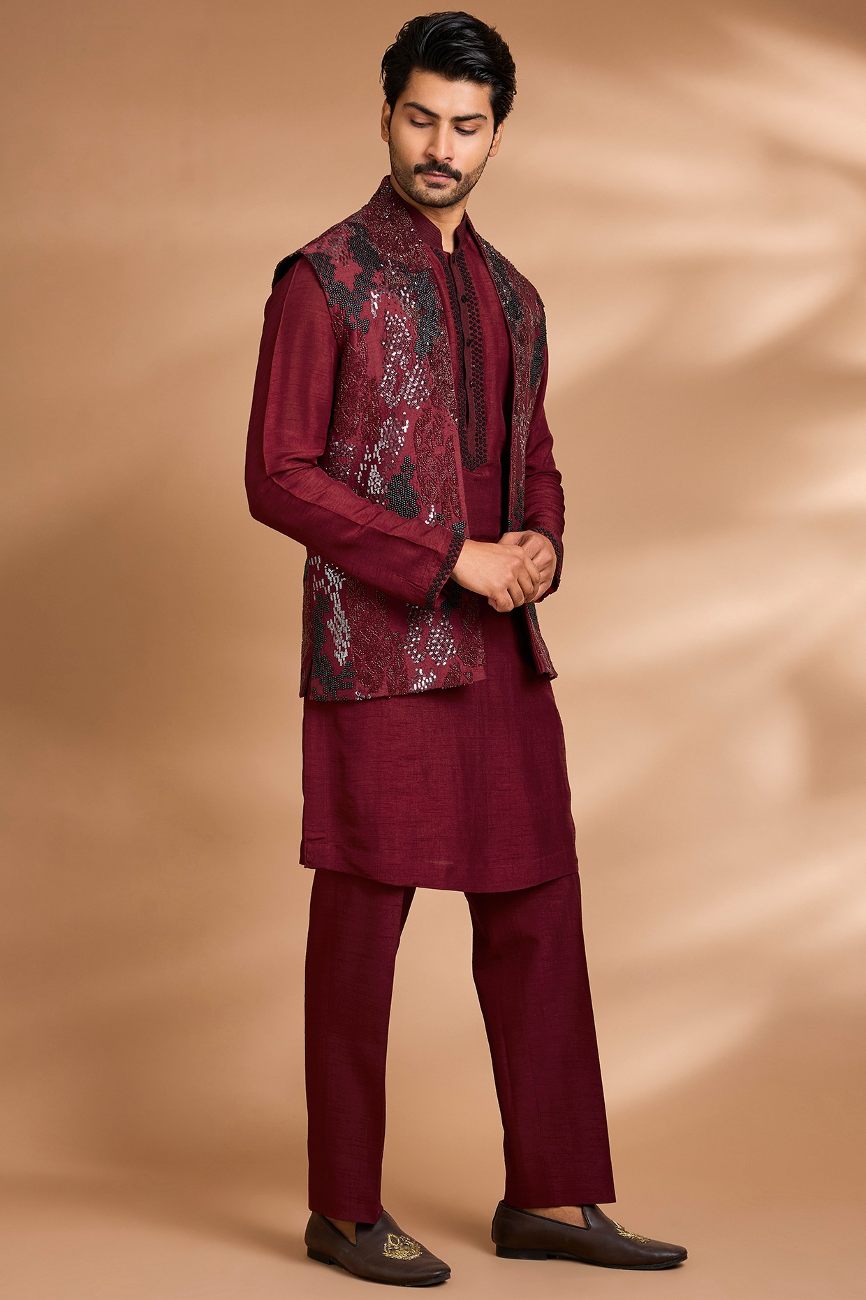 Dhananjay Maroon Rayon Silk Threadwork Bundi Jacket Set