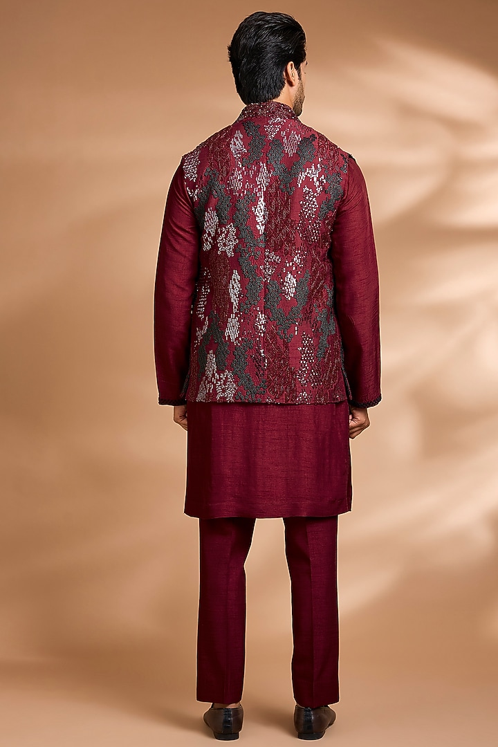Maroon Rayon Silk Threadwork Bundi Jacket Set by Dhananjay at Pernia's Pop Up Shop