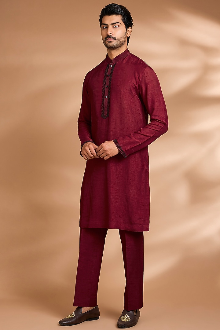Maroon Rayon Silk Threadwork Bundi Jacket Set by Dhananjay at Pernia's Pop Up Shop