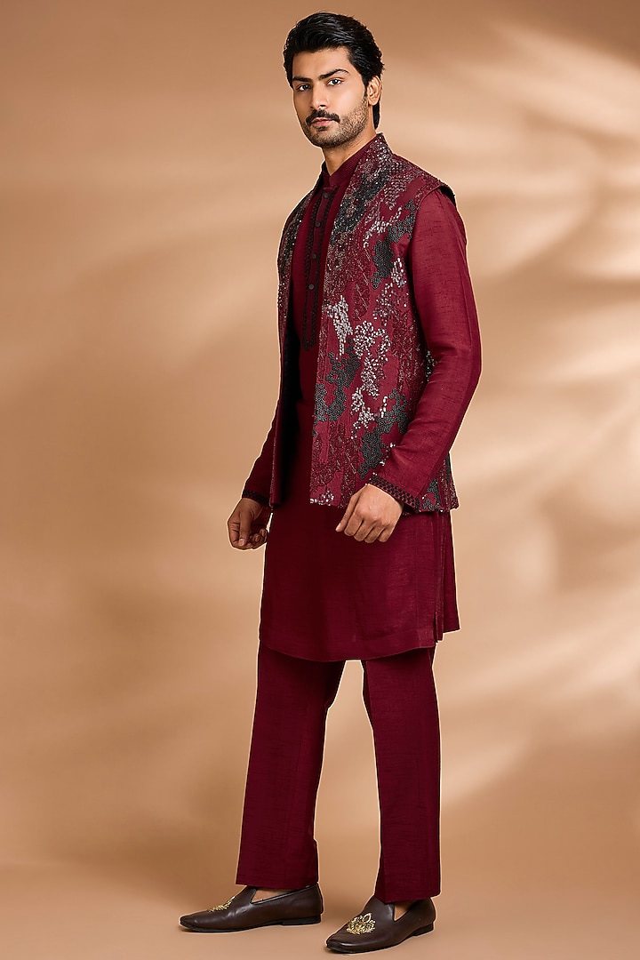 Maroon Rayon Silk Threadwork Bundi Jacket Set by Dhananjay at Pernia's Pop Up Shop