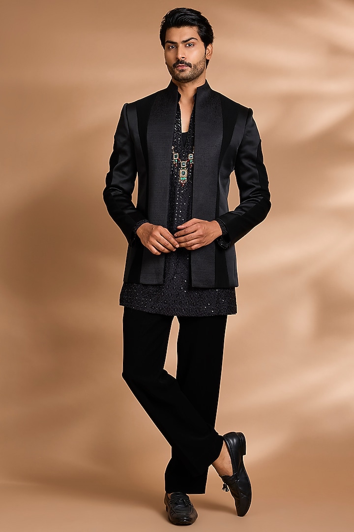 Black Polynosic Fabric Wedding Indowestern Set by Dhananjay at Pernia's Pop Up Shop