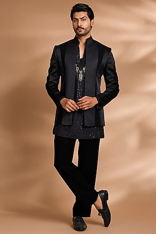 Black Polynosic Fabric Indowestern Set by Dhananjay
