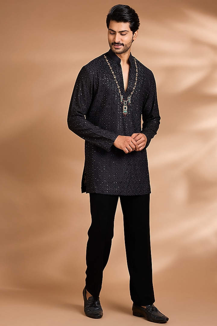 Black Polynosic Fabric Wedding Indowestern Set by Dhananjay at Pernia's Pop Up Shop