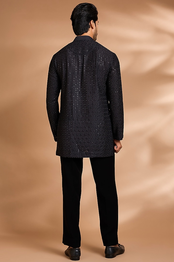 Black Polynosic Fabric Wedding Indowestern Set by Dhananjay at Pernia's Pop Up Shop