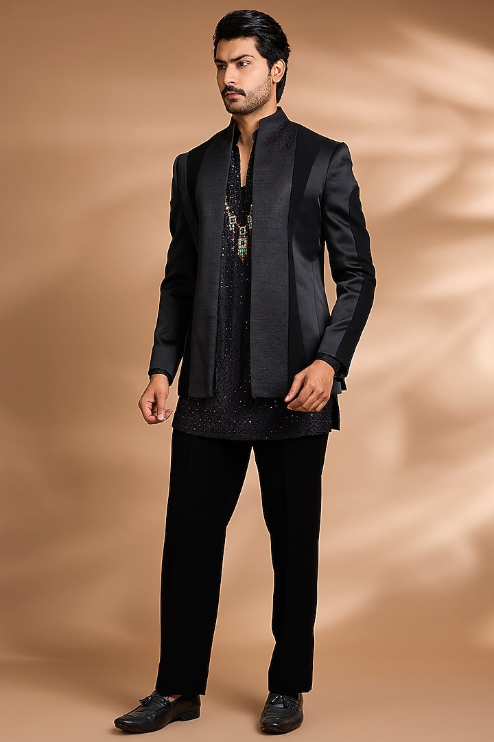 Black Polynosic Fabric Wedding Indowestern Set by Dhananjay at Pernia's Pop Up Shop