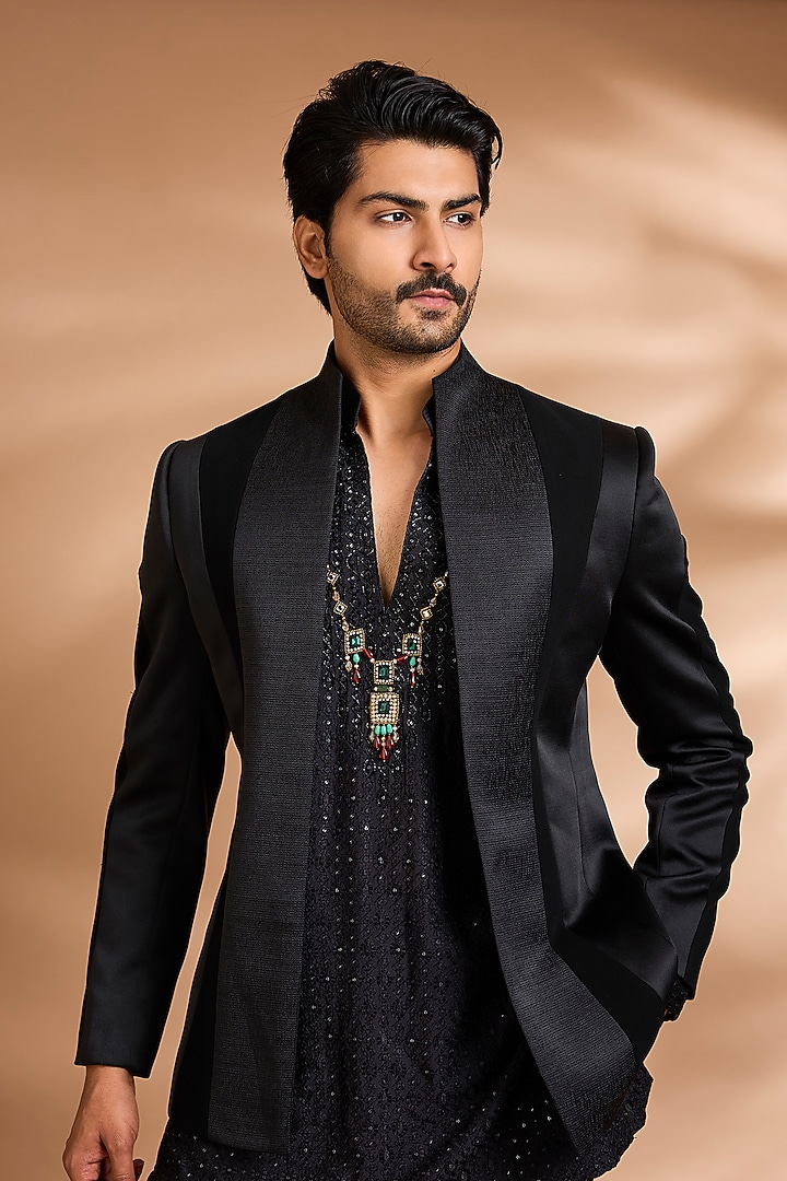 Black Polynosic Fabric Wedding Indowestern Set by Dhananjay at Pernia's Pop Up Shop