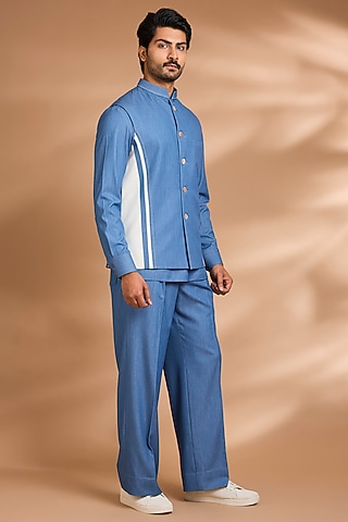 Sky Blue Modal Denim Short Jacket Set by Dhananjay