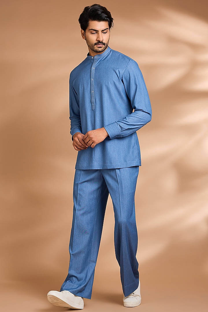 Sky Blue Modal Denim Short Jacket Set by Dhananjay at Pernia's Pop Up Shop