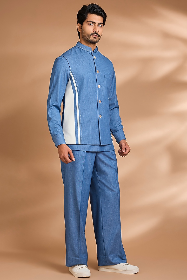 Sky Blue Modal Denim Short Jacket Set by Dhananjay at Pernia's Pop Up Shop