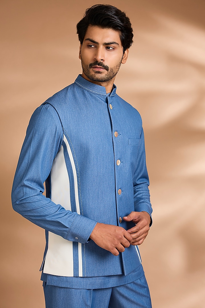 Sky Blue Modal Denim Short Jacket Set by Dhananjay at Pernia's Pop Up Shop