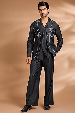 Grey Modal Denim Jacket Set by Dhananjay