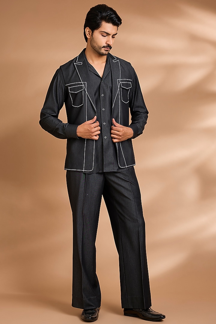 Grey Modal Denim Jacket Set by Dhananjay at Pernia's Pop Up Shop