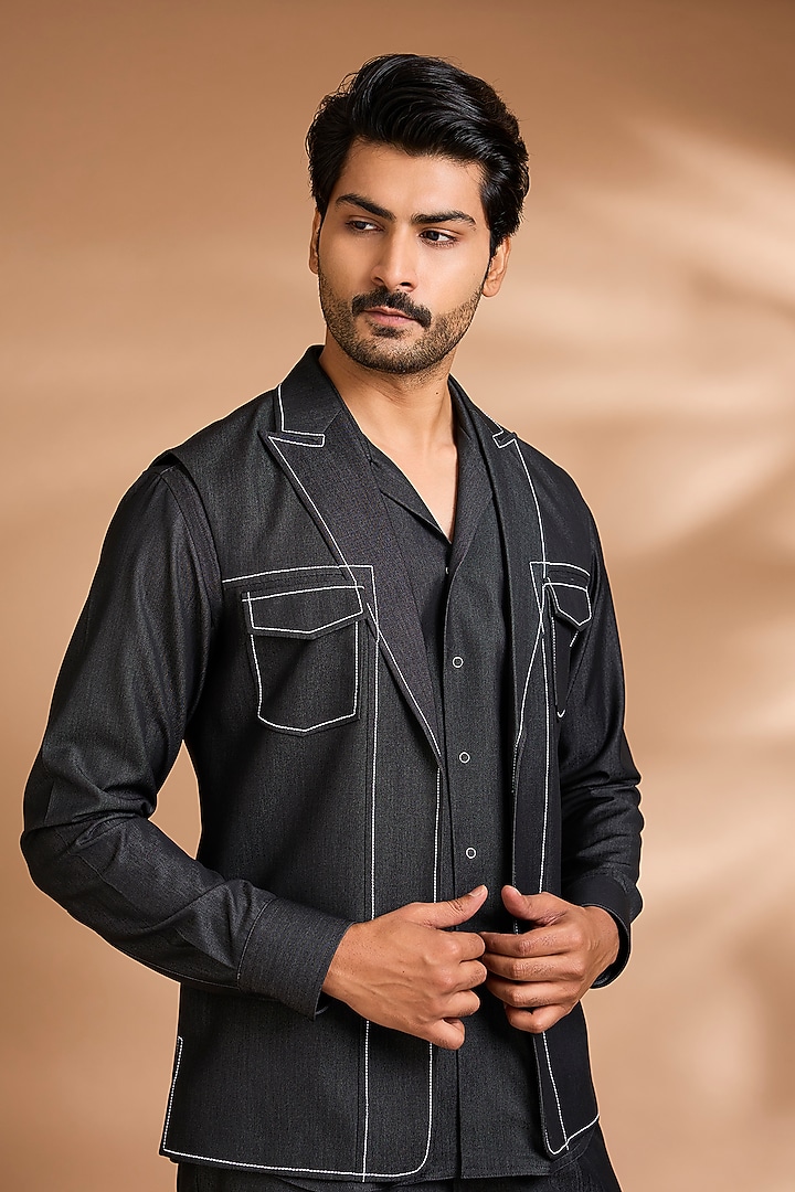 Grey Modal Denim Jacket Set by Dhananjay at Pernia's Pop Up Shop